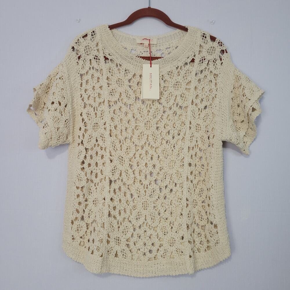 Solitaire Floral Open Crochet Knit Short Tiered Sleeve Top size L Cream Boho New